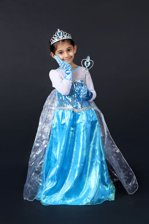 BookMyCostume Snow Queen with Gloves Wand Crown and Wig Accessories Frozen Fairy Tale Kids Fancy Dress Costume | Imported